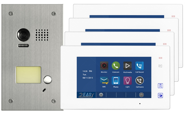2-Easy Aura White 4-Monitor Door Entry Kit with Flush Steel Doorbell