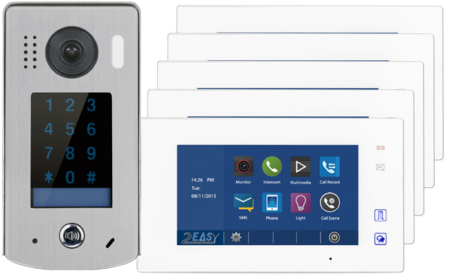 2-Easy Aura White 5-Monitor Door Entry Kit Touchscreen Keypad Doorbell