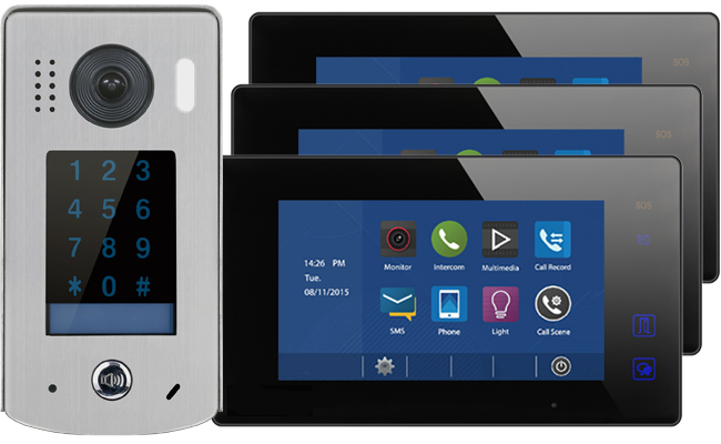2-Easy Aura Black 3-Monitor Door Entry Kit Touchscreen Keypad Doorbell